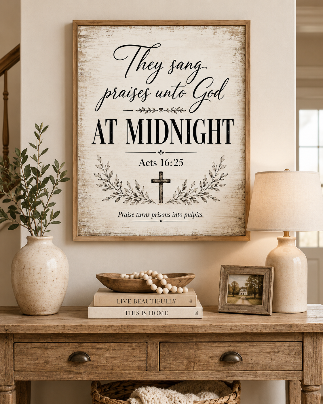 Canvas Wall Art — “They Sang Praises Unto God At Midnight” Scripture Print (Acts 16:25)