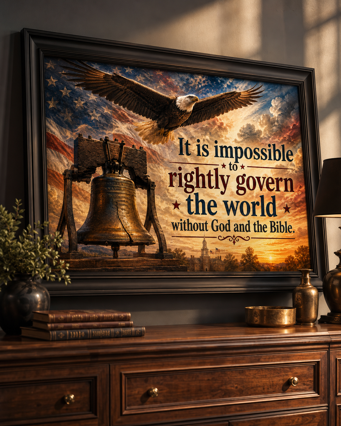 Bald Eagle & Liberty Bell “Without God and the Bible” Patriotic Wall Art