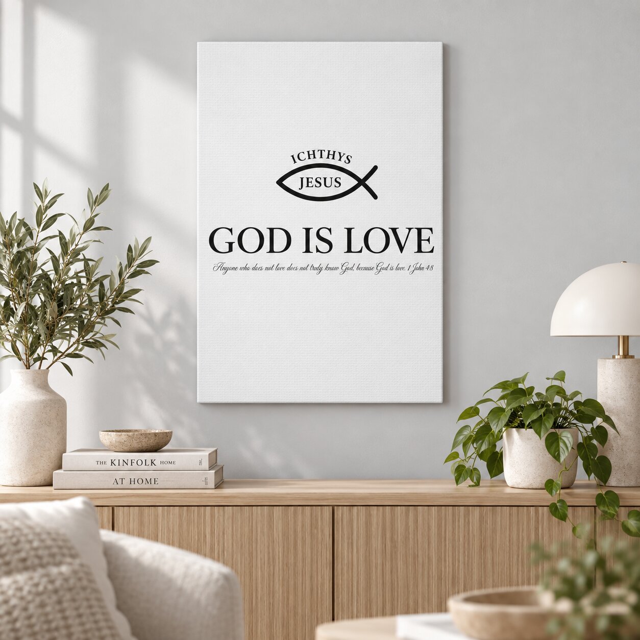 God Is Love 1 John 4:8 Ichthys Canvas Wall Art | Minimalist Christian Decor | Christian Gift