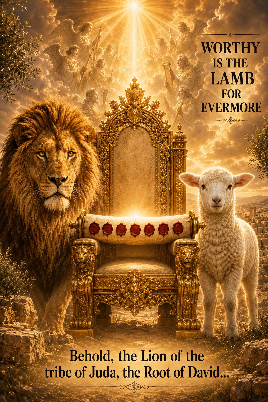 Christian Canvas Wall Art — “Worthy Is the Lamb” Lion & Lamb Scripture Print-Digital Art