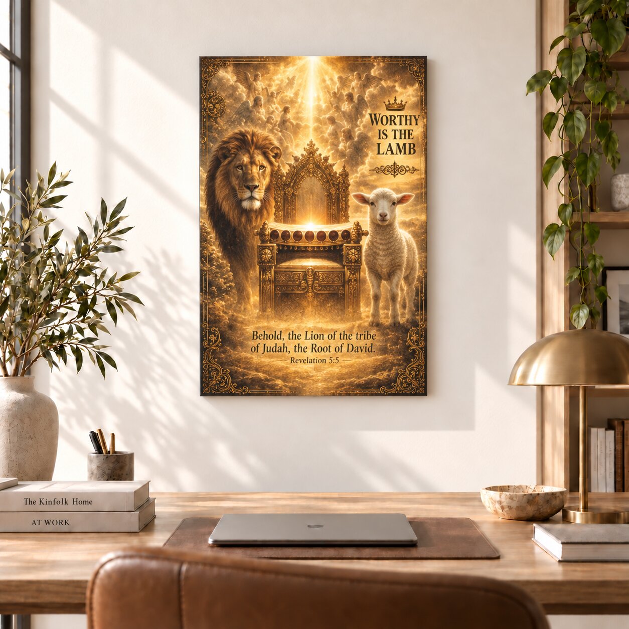 Christian Canvas Wall Art — "Worthy Is the Lamb" Lion & Lamb Scripture Print