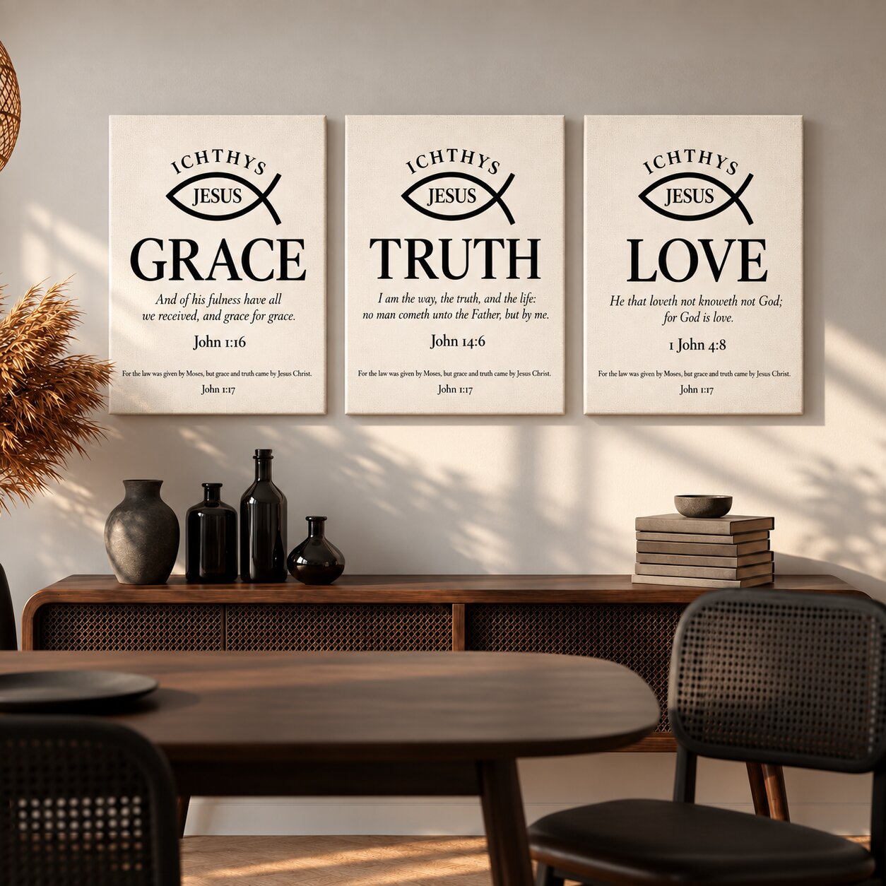 Grace, Truth & Love Ichthys 3-Piece Portrait Canvas Wall Art Set | Christian Scripture Decor - Image 5