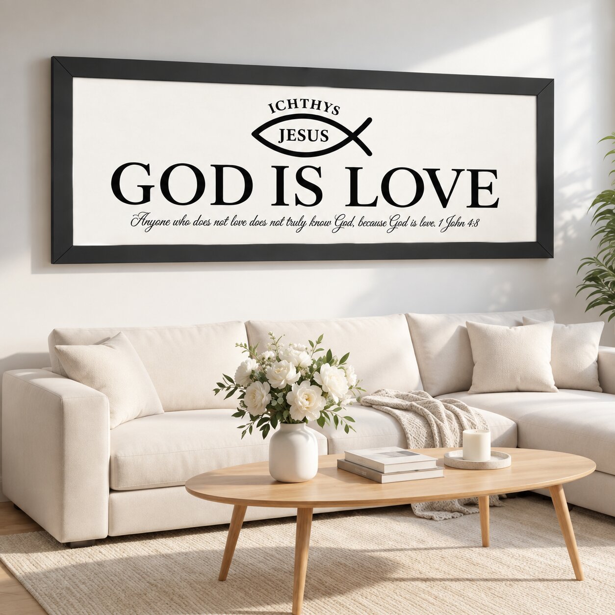 God Is Love 1 John 4:8 Ichthys Landscape Wall Art | Minimalist Christian Decor | Christian Gift