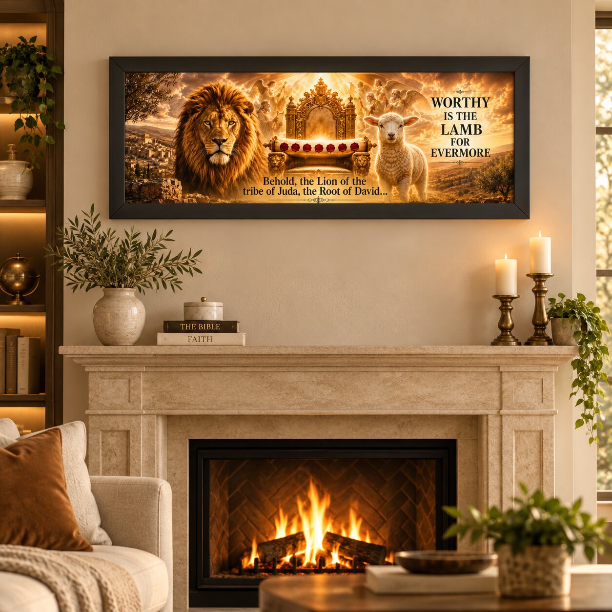 Christian Landscape Wall Art — “Worthy Is the Lamb” Lion & Lamb Scripture Print
