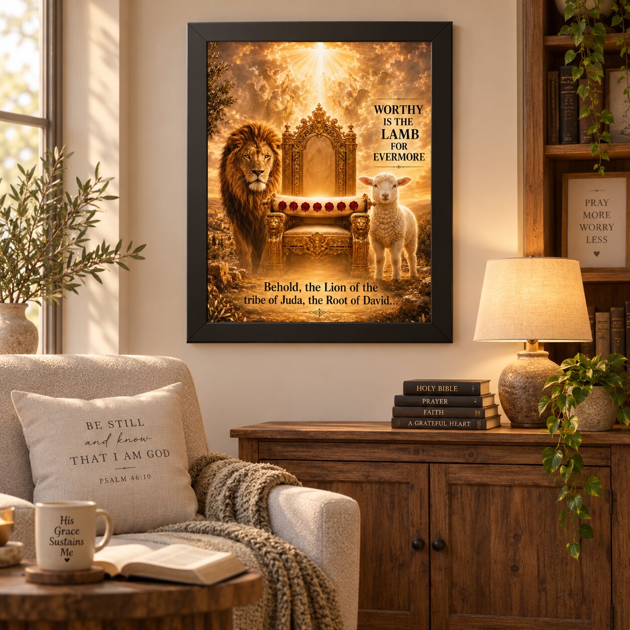 Christian Portrait Wall Art — “Worthy Is the Lamb” Lion & Lamb Scripture Print