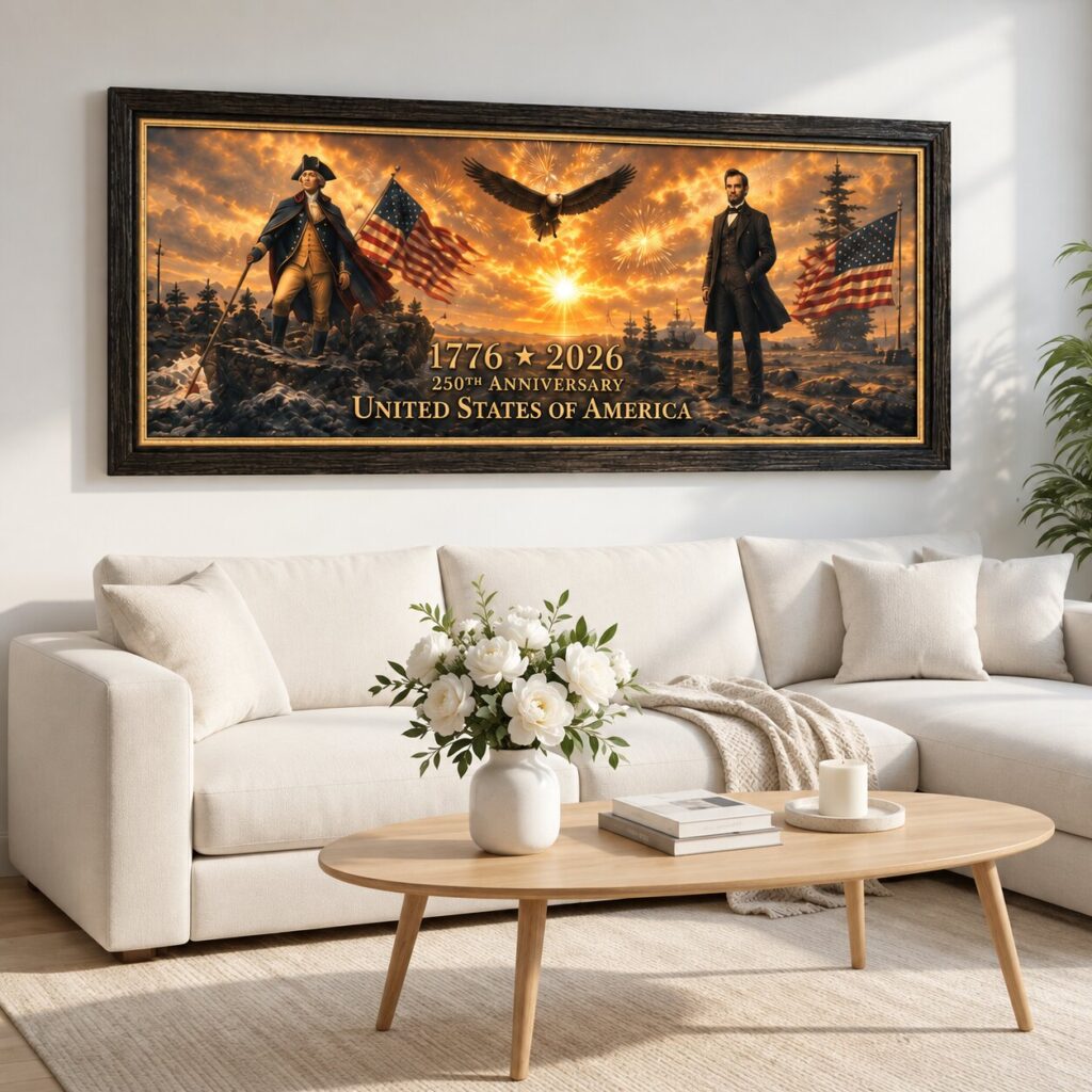 1776–2026 Founding Fathers, Eagle & American Flag Landscape Wall Art | United States 250th Anniversary Decor | Patriotic Gift