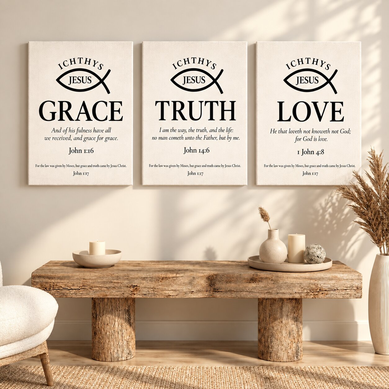 Grace, Truth & Love Ichthys 3-Piece Portrait Canvas Wall Art Set | Christian Scripture Decor - Image 6