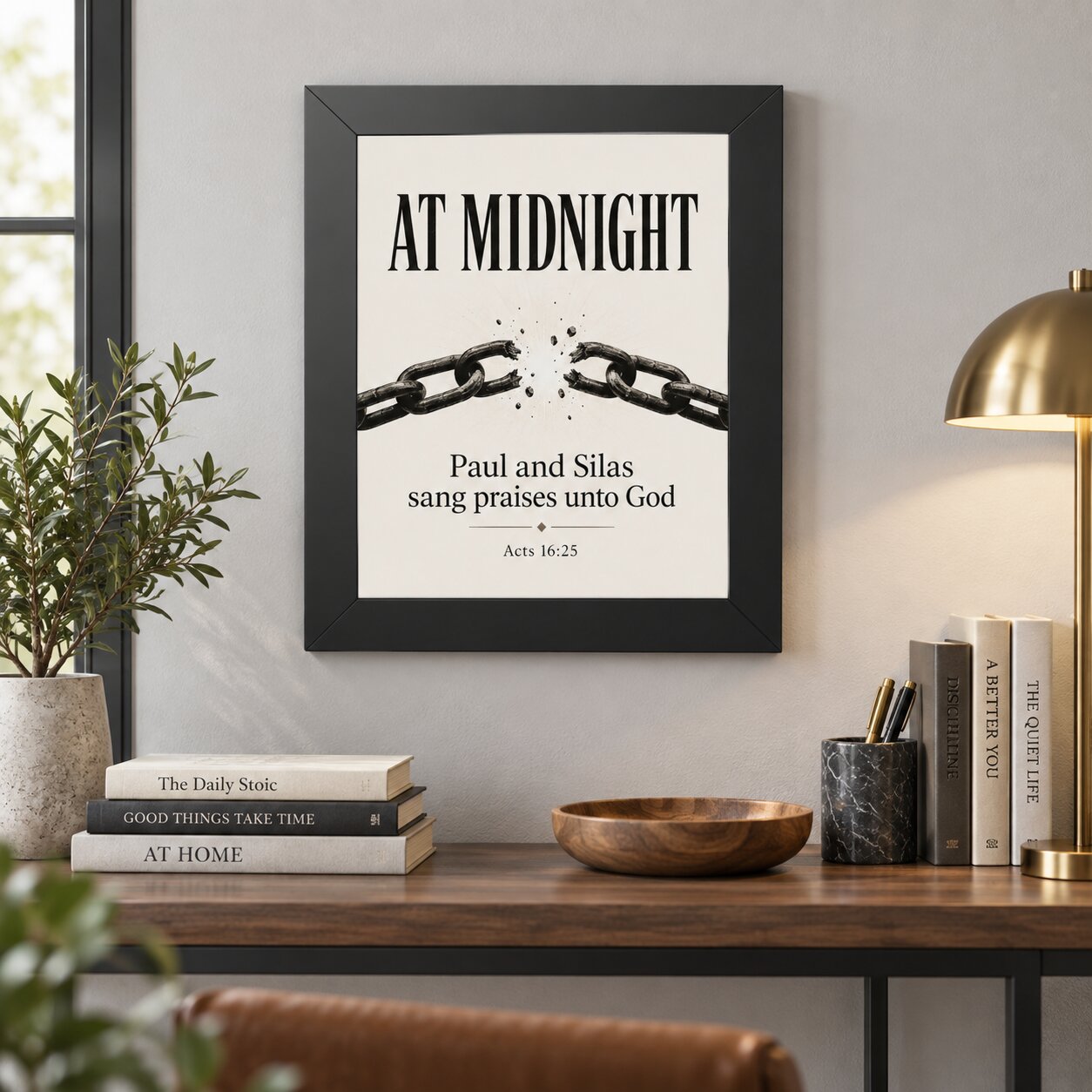 At Midnight Praise Breaks Chains Acts 16:25 Portrait Wall Art | Dark Christian Wall Art | Faith Gift