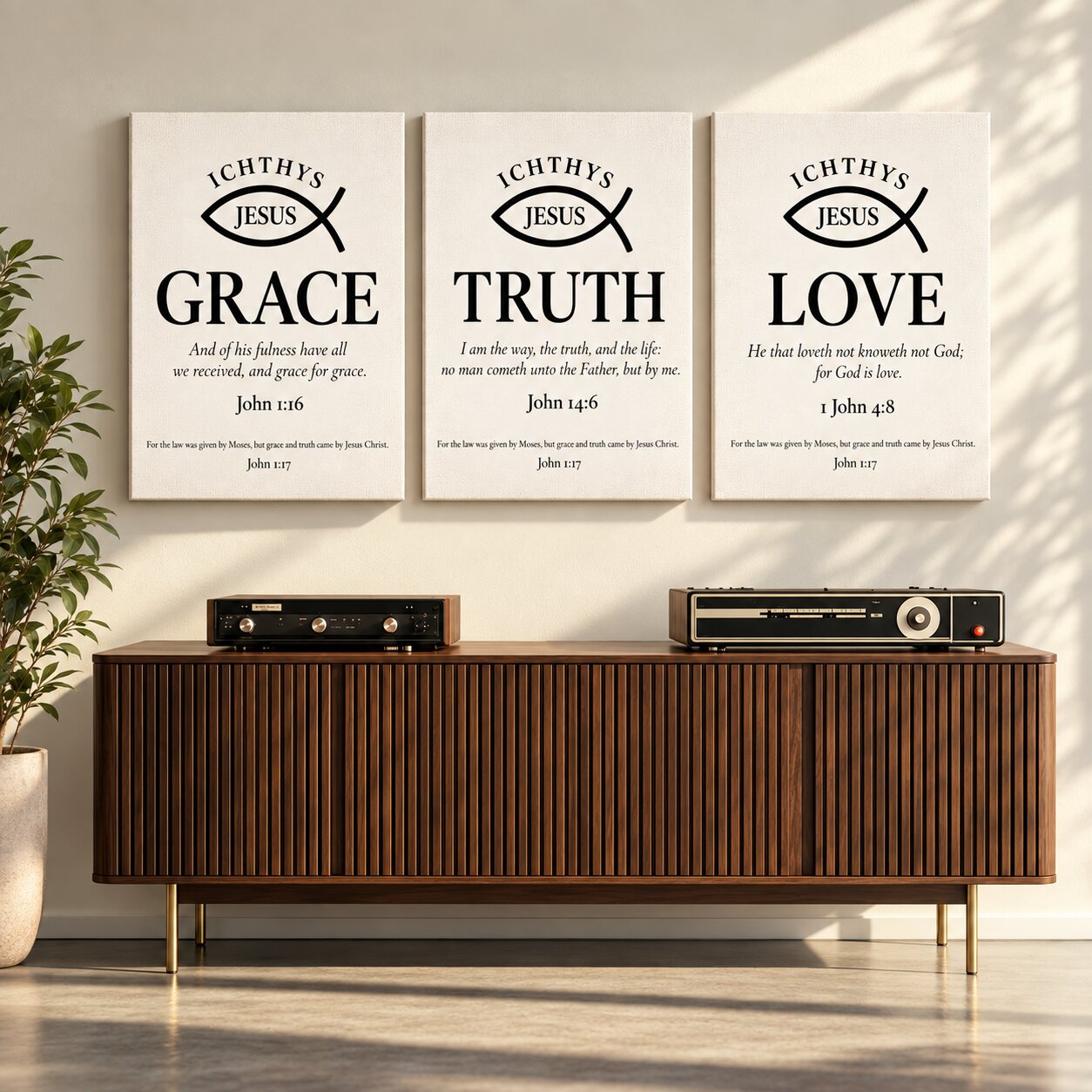 Grace, Truth & Love Ichthys 3-Piece Portrait Canvas Wall Art Set | Christian Scripture Decor - Image 7