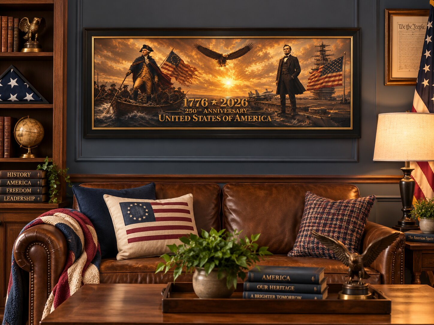 1776–2026 Founding Fathers, Eagle & American Flag Landscape Wall Art | United States 250th Anniversary Decor | Patriotic Gift