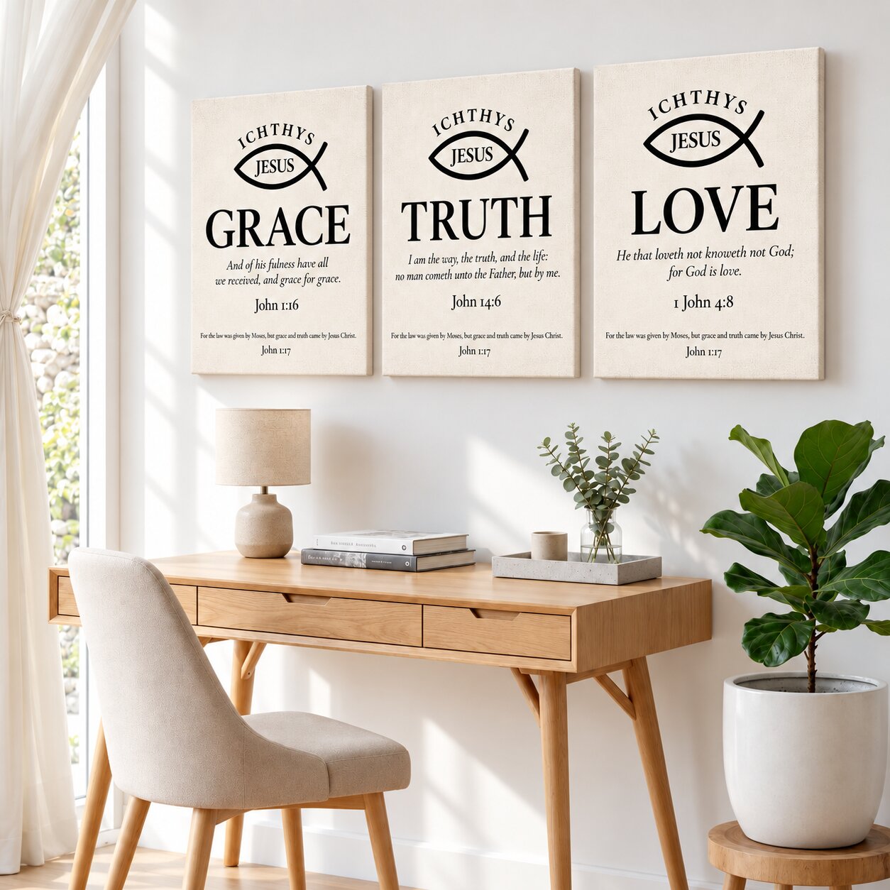 Grace, Truth & Love Ichthys 3-Piece Portrait Canvas Wall Art Set | Christian Scripture Decor - Image 8