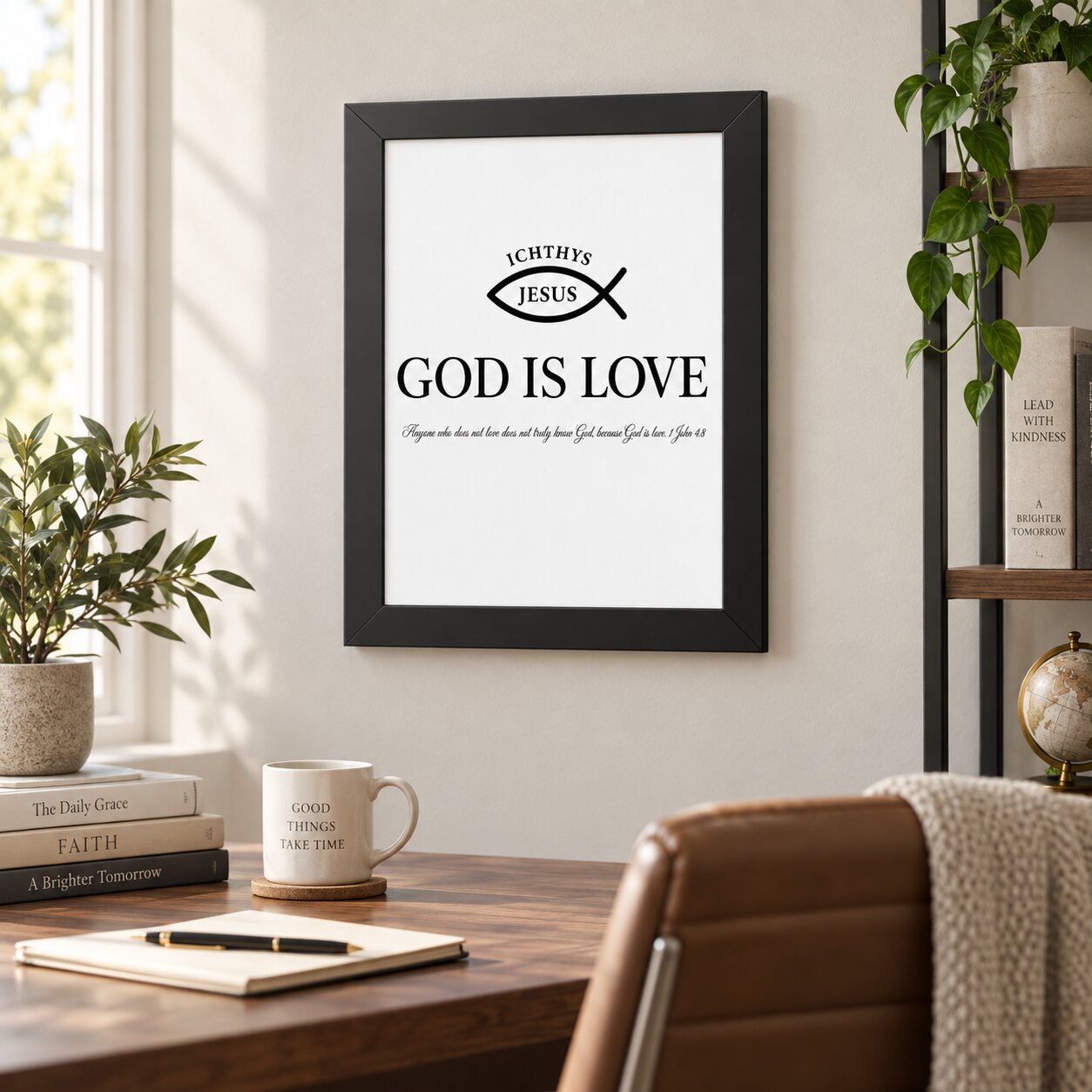 God Is Love 1 John 4:8 Ichthys Portrait Wall Art | Minimalist Christian Decor | Christian Gift