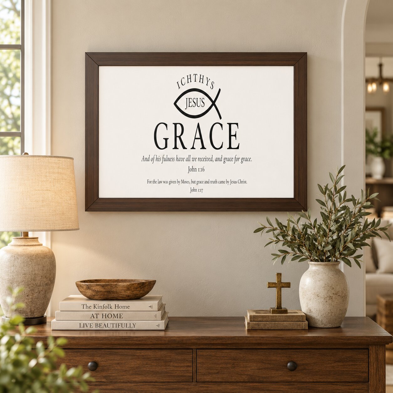 Grace Ichthys John 1:16 Christian Scripture Landscape Wall Art