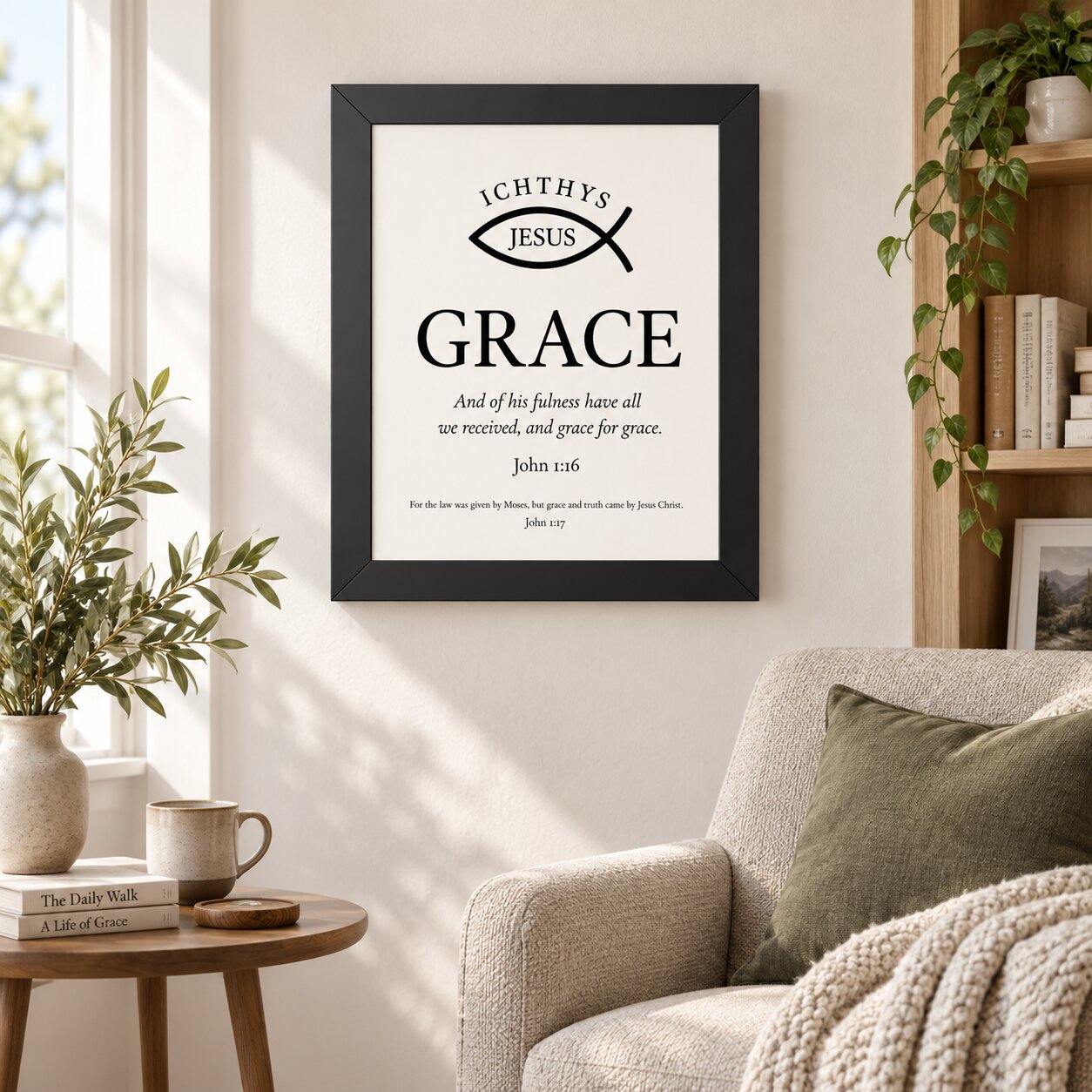 Grace Ichthys John 1:16 Christian Scripture Portrait Wall Art