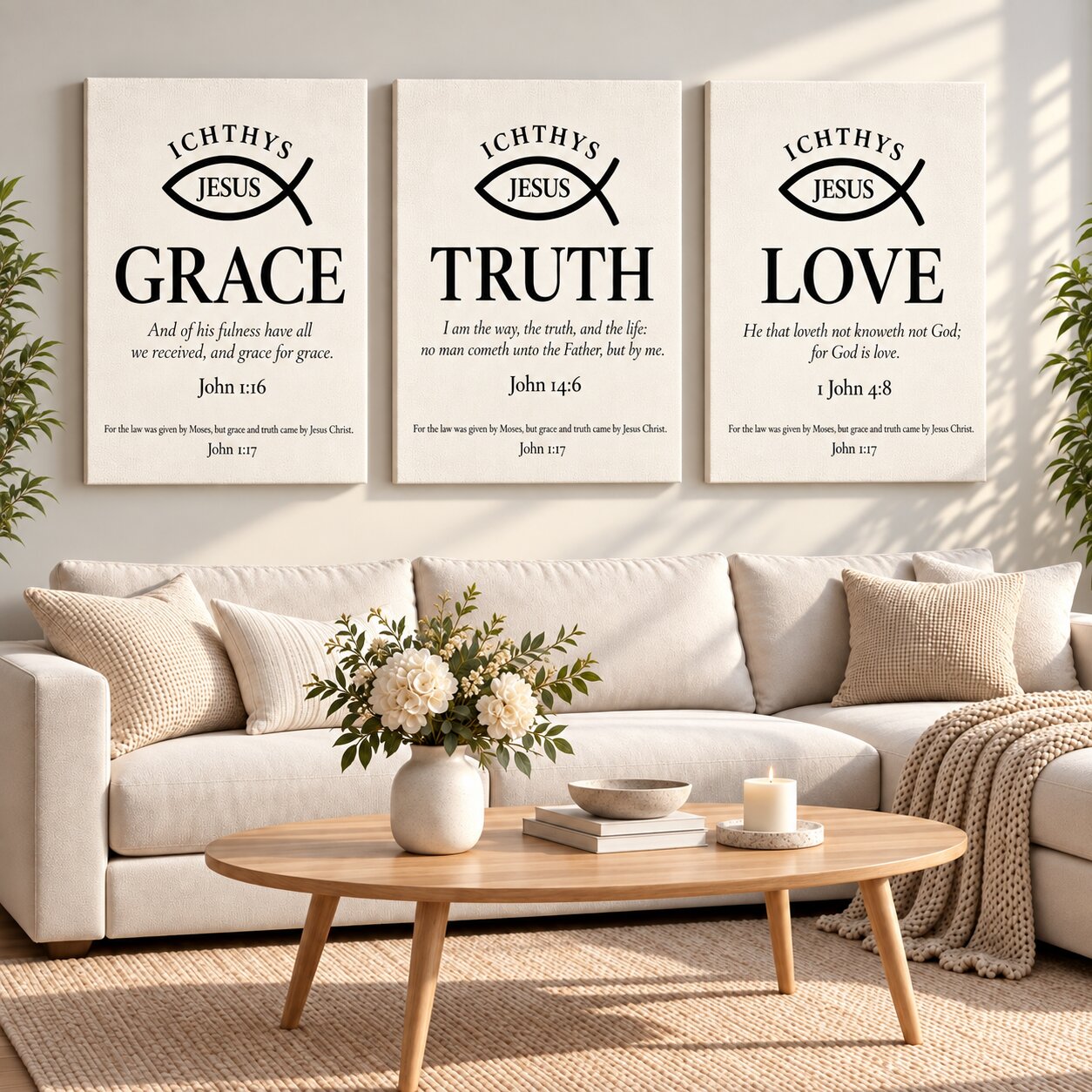Grace, Truth & Love Ichthys 3-Piece Portrait Canvas Wall Art Set | Christian Scripture Decor - Image 9