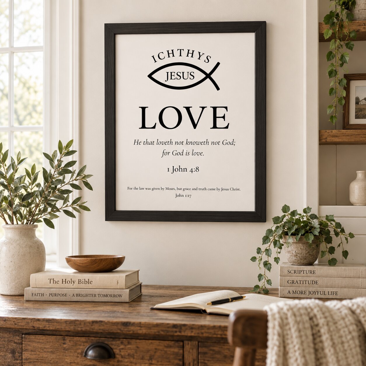Ichthys Jesus Love 1 John 4:8 Christian Portrait Wall Art