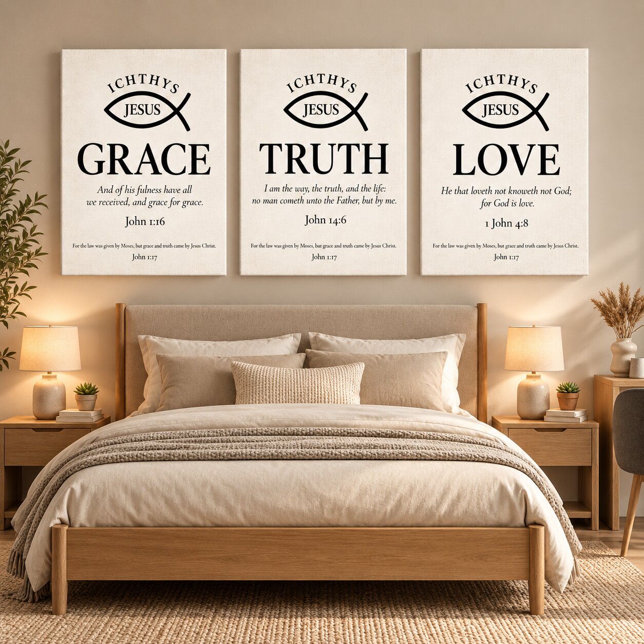 Grace, Truth & Love Ichthys 3-Piece Portrait Canvas Wall Art Set | Christian Scripture Decor - Image 3
