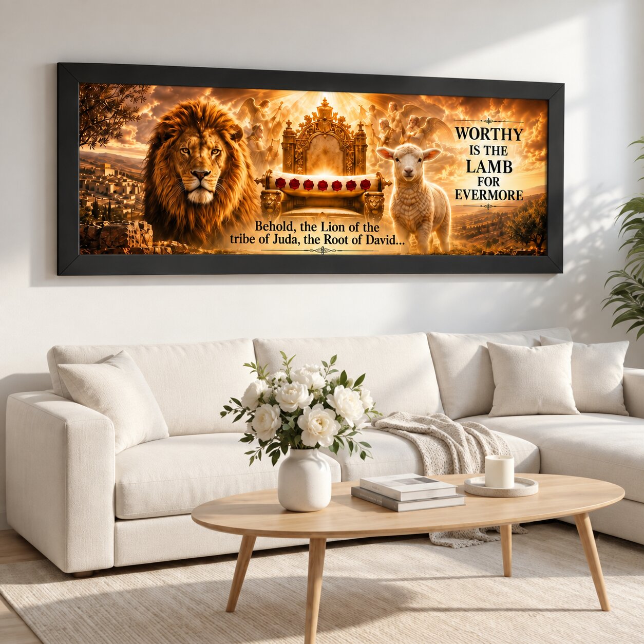Christian Landscape Wall Art — “Worthy Is the Lamb” Lion & Lamb Scripture Print