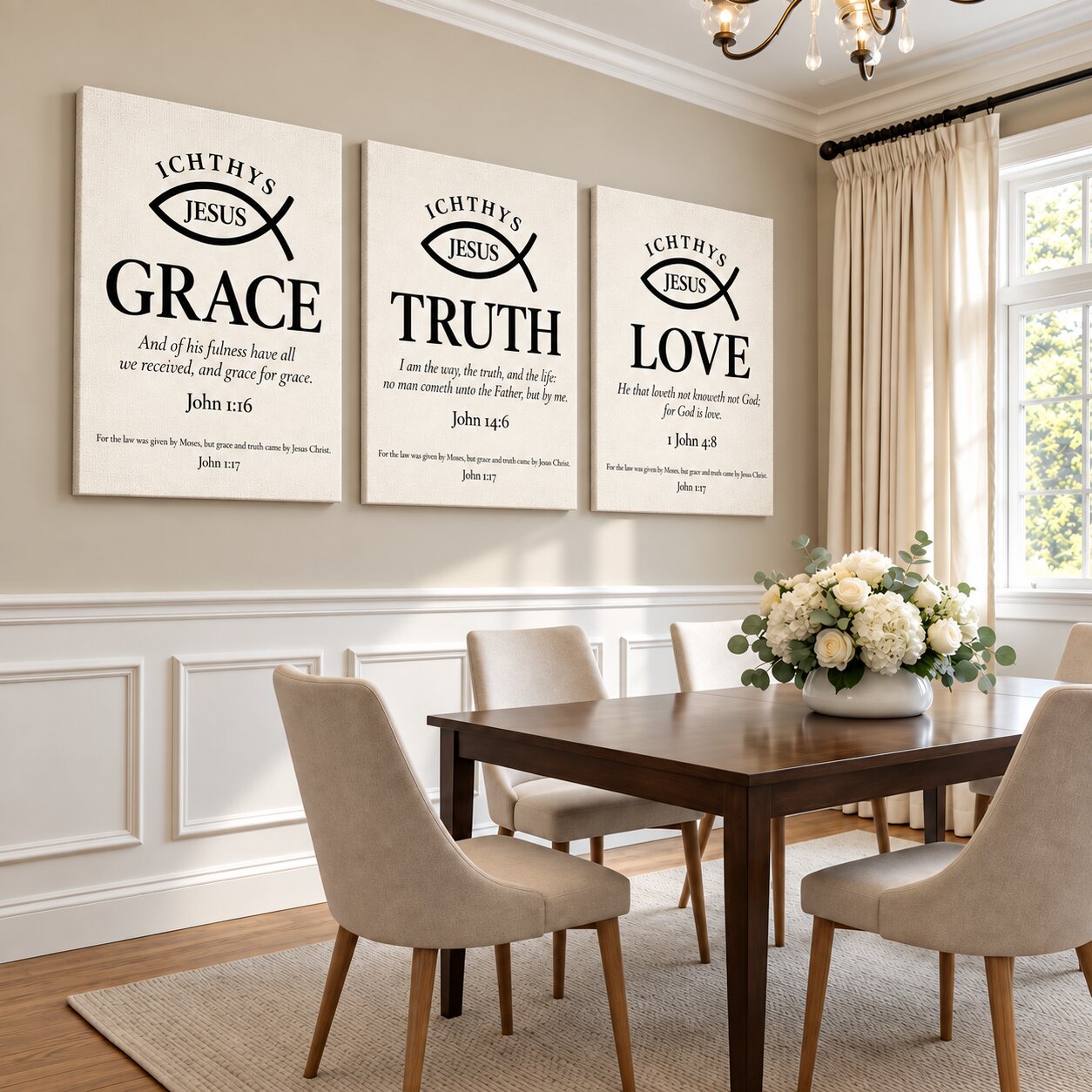 Grace, Truth & Love Ichthys 3-Piece Portrait Canvas Wall Art Set | Christian Scripture Decor - Image 4