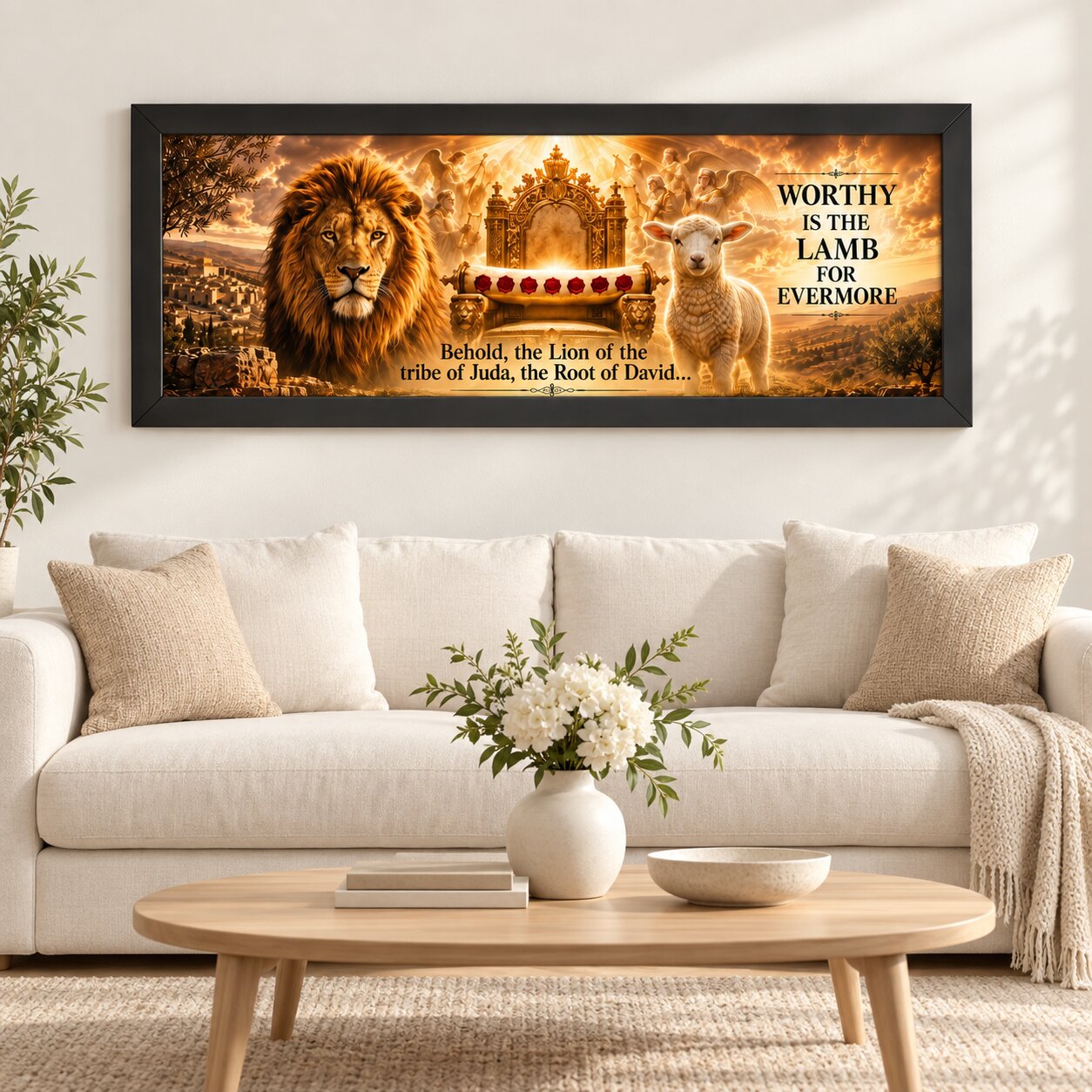 Christian Landscape Wall Art — “Worthy Is the Lamb” Lion & Lamb Scripture Print - Image 2