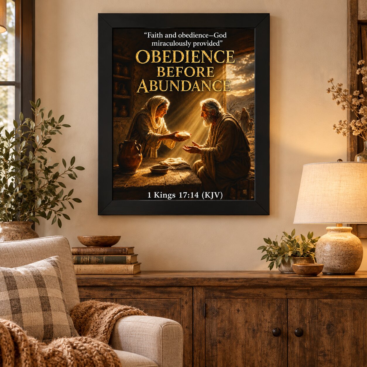 Obedience Before Abundance 1 Kings 17:14 Portrait Wall Art | Elijah & Widow Christian Decor | Faith Gift
