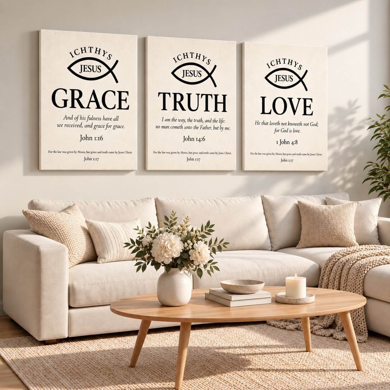 Grace, Truth & Love Ichthys 3-Piece Portrait Canvas Wall Art Set | Christian Scripture Decor