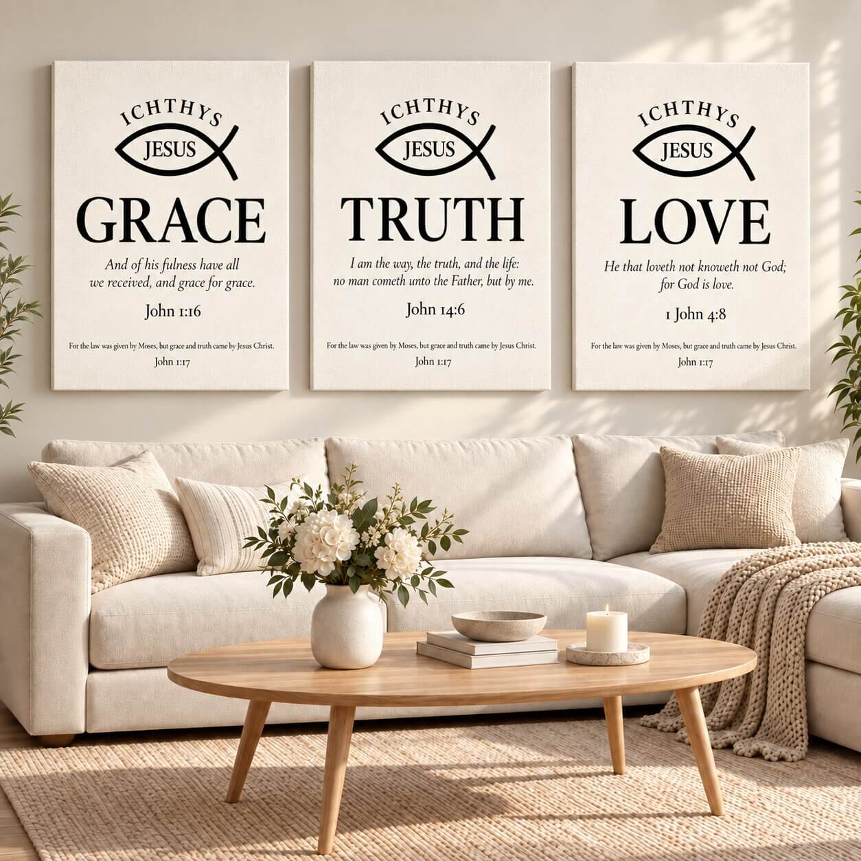 Grace, Truth & Love Ichthys 3-Piece Portrait Canvas Wall Art Set | Christian Scripture Decor - Image 2