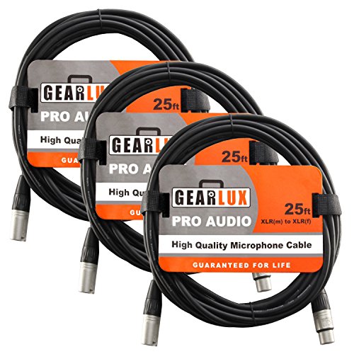 Gearlux XLR Microphone Cable, Fully Balanced, Male to Female, 25 Feet - 3 Pack