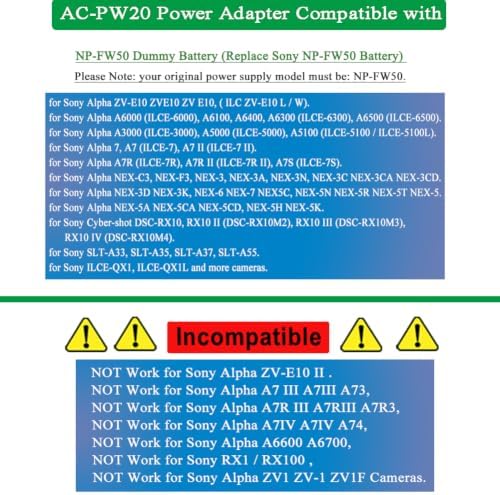 NP-FW50 Dummy Battery, for Sony ZV-E10 Dummy Battery, AC-PW20 Power Supply AC Adapter Kit, for Sony Alpha ZVE10 A6400 A6000 A6100 A6300 A6500 A7 A7II A7S A7SII RX10 II IV Cameras. - Image 2